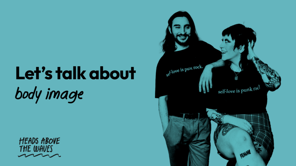 The title slide of the Heads Above The Waves "Let's talk about body image" presentation. Featuring a man and woman smiling, wearing "self-love is punk rock" t-shirts.