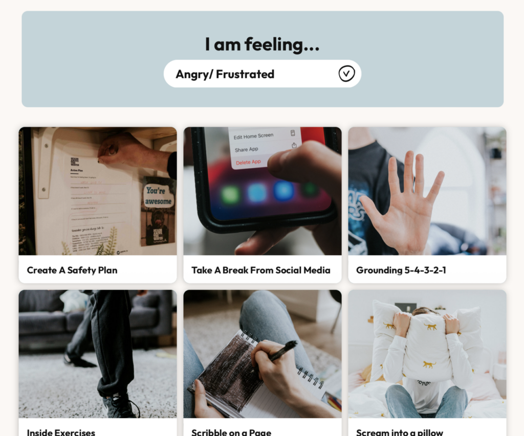 A screen shot of the "Things to Try" page on the Heads Above The Waves website. A drop down menu says "I am feeling.. angry/frustrated". and some suggestions of coping strategies are laid out below.